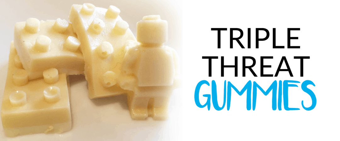 Triple Threat Gummies in the shape of LEGO pieces
